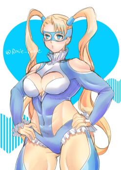 1girl blonde_hair blue_eyes blue_leotard breasts cleavage clothing_cutout domino_mask elbow_cutout eye_mask hair_pulled_back heart heart_background heart_cutout large_breasts leotard long_hair looking_at_viewer mask muscular muscular_female rainbow_mika rosie_rosie shoulder_cutout street_fighter street_fighter_zero_(series) thighs twintails twitter_username white_background wrestler wrestling_mask wrestling_outfit