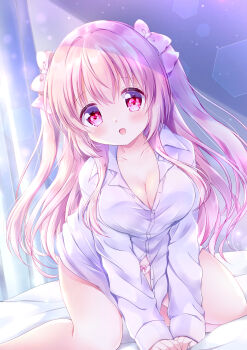 1girl bed blush bow breasts chiika_(cure_cherish) cleavage collarbone collared_shirt feet_out_of_frame hair_bow highres kneeling large_breasts long_hair no_pants open_mouth original panties partially_unbuttoned pink_eyes pink_hair shirt solo two_side_up underwear white_panties white_shirt