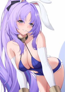 1girl animal_ears bare_shoulders bent_over black_bow blue_leotard bow breasts cleavage collarbone commentary_request elbow_gloves gloves grey_eyes hair_bow highres large_breasts leotard long_hair pak_ce parted_bangs ponytail purple_hair rabbit_ears rabbit_girl rabbit_tail shia_(stella_sora) smile solo stella_sora tail very_long_hair white_background white_gloves