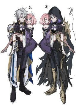 1girl 2boys bare_shoulders black_boots black_gloves black_hood black_pants blue_eyes boots carrying coat commentary_request cyrene_(aedes_elysiae)_(honkai:_star_rail) cyrene_(honkai:_star_rail) dress dual_persona ekaku_mim fingerless_gloves flame_reaver_of_the_deepest_dark gloves gold_blood gold_boots hair_ornament highres honkai:_star_rail honkai_(series) multicolored_hair multiple_boys open_mouth pants phainon_(honkai:_star_rail) pink_hair princess_carry purple_coat sandals simple_background two-tone_hair white_background white_coat white_dress white_hair