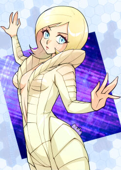 Rule 34 | 1girl, artist name, blonde hair, blue hair, bodysuit, breasts, center opening, cowboy shot, hexagon, highres, looking at viewer, medium hair, outstretched hand, pink lips, puffy collar, saika (pixiv43370196), shin megami tensei, shin megami tensei: strange journey, signature, solo, square, yellow bodysuit, zelenin (strange journey)
