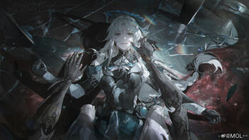 1girl 1other absurdres bianca:_stigmata_(exorcist)_(pgr) bianca_(pgr) black_gloves black_shirt blue_halo braid chiko_(pgr) dark finger_to_another&#039;s_face from_above gloves hairband halo highres kneeling long_hair looking_at_viewer low-braided_long_hair low-tied_long_hair mol-- official_art pov pov_hands punishing:_gray_raven shadow shards shirt straddling straight-on thorns two-tone_shirt upright_straddle watermark weibo_watermark white_hair white_hairband white_sleeves wiping_mouth yellow_eyes