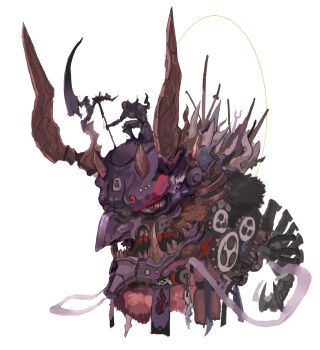 creature drum full_body highres instrument machine mitsudomoe_(shape) monte_tako orange_eyes original other_focus riding sharp_teeth simple_background sword teeth tengu tomoe_(symbol) tusks weapon white_background