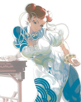1girl bangle blue_pantyhose bracelet breasts brown_hair capcom china_dress chinese_clothes chun-li cleavage_cutout clothing_cutout cowboy_shot double_bun dress eyeshadow gold_trim hair_bun hair_ribbon highres jewelry large_breasts leaning_forward makeup pantyhose pelvic_curtain red_eyeshadow ribbon short_sleeves smile solo street_fighter street_fighter_6 table updo white_background white_ribbon zinguuzisaburou