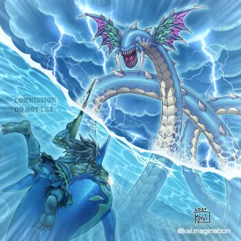 1boy absurdres cloud cloudy_sky duel_monster gun harpoon harpoon_gun highres holding holding_gun holding_weapon kai.magination lightning monster ocean ocean_dragon_lord_-_kairyu-shin official_style open_mouth sea_serpent shark sharp_teeth signature sky tagme teeth the_legendary_fisherman water weapon yu-gi-oh!