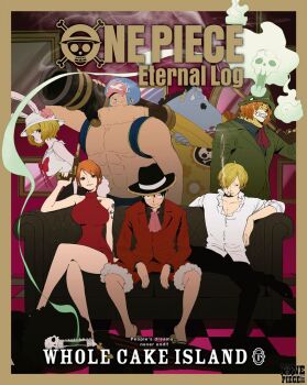 2girls 6+boys a-kura abs black_hat black_skirt breasts brook_(one_piece) carrot_(one_piece) carrot_(one_piece)_(whole_cake_island) curvy dress food fruit gun hair_bun hat holding holding_gun holding_weapon indoors jinbe_(one_piece) large_breasts long_hair monkey_d._luffy multiple_boys multiple_girls nami_(one_piece) nami_(one_piece)_(whole_cake_island) official_art one_piece red_dress sanji_(one_piece) shirt short_hair shoulder_tattoo sitting skirt smile smoking standing strawberry tattoo title toei_company tony_tony_chopper weapon white_shirt wide_hips