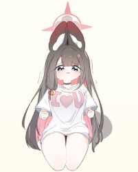 Rule 34 | 1girl, animal ear fluff, animal ears, black choker, black hair, blue archive, choker, colored inner hair, crying, crying with eyes open, fox ears, fox girl, hair ribbon, halo, hands up, highres, long hair, looking at viewer, multicolored hair, red hair, red halo, red ribbon, ribbon, shirt, short sleeves, simple background, sitting, smsm516, solo, t-shirt, tears, two-tone hair, wakamo (blue archive), white shirt, wide sleeves, yellow eyes
