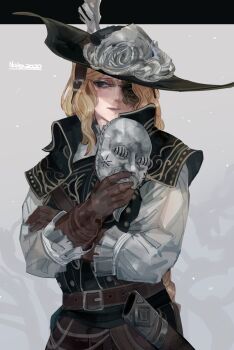 Rule 34 | 1girl, artist name, belt, belt buckle, black hat, blonde hair, blue eyes, brown belt, brown gloves, buckle, commentary, crossed arms, dark souls (series), dark souls ii, english commentary, gloves, grey background, hat, highres, holding, holding mask, long hair, long sleeves, lucatiel of mirrah, mask, nslacka, scar, scar on face, simple background, smile, solo, unworn mask, very long hair