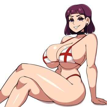 1girl 2026 absurdres alternate_breast_size_(larger) amelia_(pathways) arm_support bikini black_choker blunt_bangs bob_cut breasts choker cleavage commentary cross_of_saint_george curvy earrings english_commentary eyeshadow feet_out_of_frame female_focus grin half-closed_eyes halterneck highres huge_breasts iggybomb jewelry makeup mole mole_under_eye navel pathways_(game) purple_eyeshadow purple_hair seductive_smile shiny_skin simple_background sitting smile solo swimsuit thick_thighs thighs white_background white_bikini