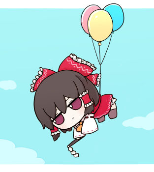 1girl ascot azuma_meri balloon bloomers blue_sky bow brown_eyes brown_hair brown_shoes character_doll cloud collar commentary_request detached_sleeves doll floating frilled_hair_tubes frills fumo_(doll) gohei hair_bow hair_tubes hakurei_reimu medium_hair nontraditional_miko red_bow red_eyes red_shirt red_skirt ribbon-trimmed_sleeves ribbon_trim shirt shoes sidelocks skirt skirt_set sky sleeveless solo touhou underwear white_collar yellow_ascot