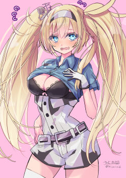 Rule 34 | 1girl, absurdres, black bra, blonde hair, blue eyes, blue shirt, blush, boots, bra, breast pocket, breasts, collared shirt, cowboy shot, gambier bay (kancolle), gloves, hair between eyes, hairband, highres, hizaka, kantai collection, large breasts, long hair, multicolored shorts, open mouth, pink background, pocket, shirt, short sleeves, shorts, smile, solo, thigh boots, trembling, twintails, underwear, white boots