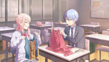 Rule 34 | 1boy, 1other, ^ ^, akiyama mizuki, aoyagi touya, bag, bag charm, black jacket, black necktie, blazer, blue hair, bow, bowtie, charm (object), classroom, closed eyes, collared shirt, colorful palette, desk, eraser, game cg, grey eyes, grey skirt, grin, highres, holding, holding unworn clothes, jacket, light particles, mole, mole under eye, multicolored hair, multicolored necktie, necktie, official art, omoi wo nosete! dream stage (project sekai), open clothes, open jacket, pen, pink bow, pink bowtie, pink hair, pink shirt, plaid clothes, plaid skirt, project sekai, red necktie, school bag, shirt, short hair, side ponytail, sidelocks, sitting, skirt, smile, split-color hair, striped bow, striped bowtie, striped clothes, sweater, table, teeth, third-party source, two-tone hair, white bag, white shirt, white sweater