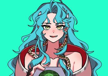 Rule 34 | 1girl, :d, aqua background, bare shoulders, blue hair, green eyes, haihaiera, hissabeth, holding, jacket, long hair, lower teeth only, open mouth, portrait, red pupils, reverse:1999, simple background, smile, snake, snake on head, solo, straight-on, teeth, wavy hair, white jacket