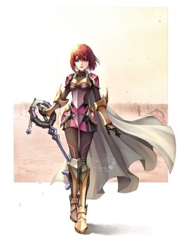 1girl armor armored_boots armored_dress armored_gloves artist_name battlefield black_pantyhose blue_eyes bob_cut boots border breasts cape dress full_body hair_between_eyes highres holding holding_weapon hollypolllyy kairi_(kingdom_hearts) keyblade kingdom_hearts medium_breasts pantyhose pink_dress red_hair short_hair shoulder_armor solo weapon white_border white_cape