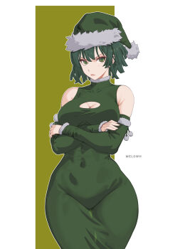 1girl angry blush breasts christmas cleavage cleavage_cutout clothing_cutout crossed_arms detached_sleeves dress fubuki_(one-punch_man) fur-trimmed_dress fur-trimmed_headwear fur-trimmed_sleeves fur_trim green_dress green_eyes green_hair green_hat green_theme hat large_breasts long_sleeves looking_at_viewer melowh one-punch_man pom_pom_(clothes) santa_costume santa_dress santa_hat short_hair sleeveless sleeveless_dress standing white_background wide_hips