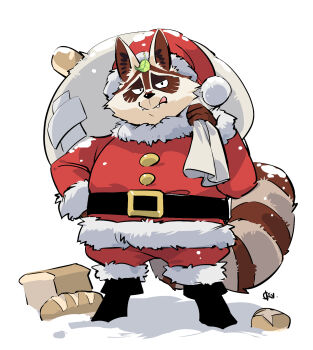 1boy afk_(series) afk_arena animal_ears belly belt black_belt black_footwear bread fangs fat fat_man food fur-trimmed_headwear fur-trimmed_pants fur_trim furry furry_male hat highres holding holding_sack leaf leaf_on_head looking_at_viewer male_focus okn_369 pants raccoon_boy raccoon_ears raccoon_tail raku_(afk_arena) sack santa_costume santa_hat signature striped tail tongue tongue_out white_background