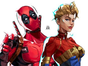 1boy 1girl bodysuit captain_marvel carol_danvers deadpool deadpool_(series) gloves highres looking_at_viewer marvel marvel_rivals mask muscular nakoneart red_bodysuit red_mask smile superhero_costume sword weapon
