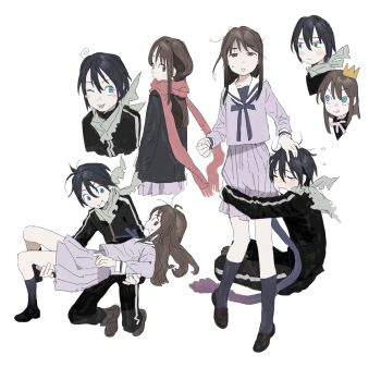 Rule 34 | 1boy, 1girl, ;p, absurdres, ahoge, bandana, bandana around neck, black hair, black jacket, black shoes, black socks, black track suit, blue bandana, blue eyes, blush, blush stickers, brown hair, brown shoes, carrying, chinese commentary, closed mouth, commentary request, crown, crying, double-parted bangs, flying sweatdrops, frown, hair between eyes, hand on another's head, highres, hugging another's leg, iki hiyori, jacket, kneehighs, loafers, long hair, long sleeves, looking at viewer, loose hair strand, ma fu, medium skirt, multiple views, neck ribbon, noragami, on ground, one eye closed, open mouth, pants, pleated skirt, possessed, pout, princess carry, purple eyes, purple ribbon, purple serafuku, purple shirt, purple skirt, purple tail, red eyes, red scarf, ribbon, sailor collar, scarf, school uniform, serafuku, shirt, shoes, simple background, skirt, socks, standing, sweatdrop, tail, tongue, tongue out, track jacket, track pants, track suit, turn pale, white background, white sailor collar, yato (noragami)