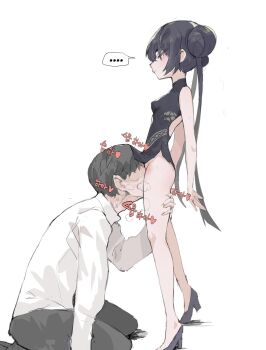 ... 1boy 1girl ass bare_legs bare_shoulders black_dress black_footwear black_hair blue_archive breasts breath china_dress chinese_clothes cunnilingus double_bun dragon_print dress expressionless face_in_crotch from_side full_body hair_bun heavy_breathing hetero high_heels highres kisaki_(blue_archive) leg_grab loli long_hair looking_at_another mh2en oral print_dress sleeveless sleeveless_dress small_breasts smelling smelling_pussy standing standing_cunnilingus twintails white_background
