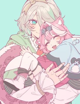 2girls aged_down animal_ears cecilia_immergreen doll_joints fang goggles goggles_on_head green_eyes grey_hair highres hololive hololive_english joints multiple_girls panther_ears panther_tail pink_hair raora_panthera smile tail thighhighs virtual_youtuber white_thighhighs yibai002