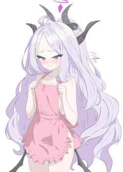 1girl absurdres ahoge apron black_halo blue_archive blush breasts commentary demon_girl demon_horns demon_wings halo highres hina_(blue_archive) horns long_hair low_wings purple_eyes runarie small_breasts standing very_long_hair white_hair wings