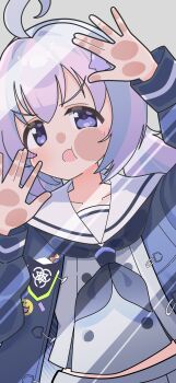 Rule 34 | 1girl, absurdres, against fourth wall, against glass, ahoge, black neckerchief, blue archive, blue hair, blue jacket, blue neckerchief, blush, cheek squash, commentary request, gemuo metopoke, hair ornament, highres, jacket, long hair, long sleeves, looking at viewer, midriff peek, multicolored hair, neckerchief, open clothes, open jacket, open mouth, pink hair, pleated skirt, purple eyes, purple hair, reisa (blue archive), sailor collar, school uniform, serafuku, shirt, simple background, skirt, solo, star (symbol), star hair ornament, streaked hair, twintails, two-tone hair, upper body, v-shaped eyebrows, white sailor collar