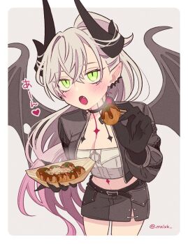 1girl black_hands black_jacket blush body_markings breasts choker colored_extremities crossed_bangs demon_girl demon_horns demon_wings ear_piercing fate/grand_order fate_(series) food green_eyes grey_hair hair_between_eyes high_ponytail horns jacket lilith_(fate) lilith_(over_the_same_sky)_(fate) long_hair long_sleeves medium_breasts mxixk piercing pointy_ears ponytail shirt solo speech_bubble translation_request very_long_hair white_shirt wings