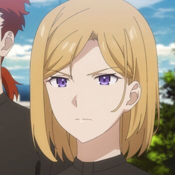 1girl angry blonde_hair long_hair meredina_(unnamed_memory) purple_eyes sky unnamed_memory upper_body