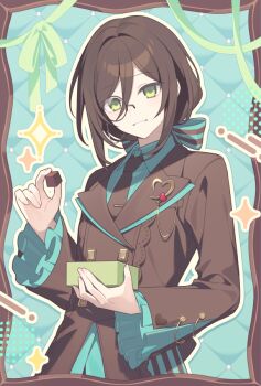 1girl blue_shirt brown_hair brown_jacket brown_necktie collared_shirt commentary_request dress_shirt food frilled_sleeves frills green_eyes hair_between_eyes hijiri_(resetter) holding holding_food jacket long_sleeves looking_at_viewer monocle nao_(hijiri) necktie original shirt smile solo tie_clip upper_body wide_sleeves