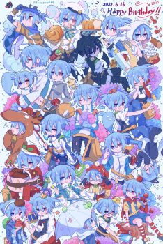 1boy :d animal_costume black_hair black_pants black_shirt black_sig blue_eyes blue_hair blue_jacket blue_pants bread butterfly_net closed_eyes closed_mouth commentary_request dated food futaba969649 gloves grey_jacket hair_between_eyes hand_net happy_birthday hat heterochromia highres holding holding_butterfly_net jacket long_sleeves male_focus multiple_views open_mouth pants parted_lips puyopuyo red_eyes red_gloves red_socks reindeer_costume santa_costume shirt short_hair short_sleeves sig_(puyopuyo) simple_background single_glove sitting smile socks striped_clothes striped_socks tree_stump twitter_username umbrella white_background white_hat yawning