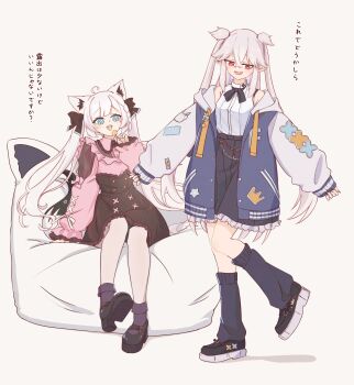 2girls absurdres ahoge animal_ear_fluff animal_ears black_bow black_bowtie black_skirt black_socks blue_eyes blue_jacket blue_nails bobby_socks borrowed_clothes bow bowtie braid candy chain chamomile_(kazumasa) commentary_request double-parted_bangs fang food fox_ears fox_girl fox_tail fubuzilla_(shirakami_fubuki) full_body gold_chain grey_background grey_hair hair_ribbon high-waist_skirt highres holding holding_candy holding_food holding_lollipop hololive hood hooded_jacket jacket jirai_kei letterman_jacket lollipop long_hair long_sleeves looking_at_another looking_down loose_socks miniskirt multiple_girls nail_polish open_mouth pinching_sleeves pink_shirt pointy_ears raglan_sleeves red_eyes ribbon shirakami_fubuki shirakami_fubuki_(loungewear) shirt side_braid sidelocks simple_background skirt sleeveless sleeveless_shirt socks tail translation_request two_side_up very_long_hair virtual_youtuber wallet_chain white_burinyan white_shirt white_sleeves