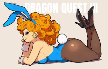 1girl animal_ear_hairband animal_ears ass bare_shoulders black_shoes blonde_hair blue_hairband blue_leotard breasts copyright_name curly_hair dragon_quest dragon_quest_iii earrings eyeshadow fake_animal_ears fake_tail feet_up from_side gadabout_(dq3) hairband hand_on_own_chin high_heels highres jewelry leotard long_hair looking_at_viewer lunchiblz lying makeup medium_breasts on_stomach pantyhose playboy_bunny profile purple_eyeshadow rabbit_ear_hairband rabbit_ears rabbit_tail shoes sideboob solo sphere_earrings tail the_pose wrist_cuffs