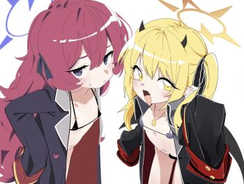 2girls :d bikini bikini_top_only black_bikini black_jacket black_ribbon blonde_hair blue_archive bottomless breasts commentary_request covering_crotch covering_privates cowboy_shot crime_prevention_buzzer demon_girl demon_horns demon_tail fang flat_chest fur_bikini grey_eyes hair_between_eyes halo horns ibuki_(blue_archive) iroha_(blue_archive) jacket lapels leaning_forward legs_apart light_blush loli long_hair long_sleeves looking_at_viewer micro_bikini multiple_girls navel notched_lapels ocha_(popopogg) open_clothes open_jacket open_mouth purple_halo red_hair ribbon side_ponytail simple_background sleeves_past_fingers sleeves_past_wrists small_breasts smile standing straight_hair sweatdrop swimsuit tail white_background yellow_eyes yellow_halo