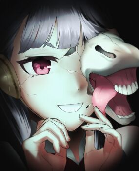 Rule 34 | 1girl, blunt bangs, close-up, cracked kawaii mask, cracked mask, dress, gold ship (racehorse), gold ship (red strife) (umamusume), gold ship (umamusume), highres, horror (theme), mogyus, open mouth, pink eyes, portrait, sleeveless, sleeveless dress, smile, solo, teeth, umamusume, white hair