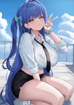 1girl absurdly_long_hair absurdres arcana_(nikke) black_necktie black_skirt blue_hair blue_sky bow bra_visible_through_clothes breasts cloud curvy day earrings goddess_of_victory:_nikke hair_bow hand_between_thighs highres jewelry large_breasts long_hair looking_at_viewer midriff miniskirt necktie one_side_up outdoors pencil_skirt purple_eyes school_uniform scrunchie shirt skirt sky small_chair_(xiaosaiyi33818) solo very_long_hair wavy_mouth white_shirt wrist_scrunchie
