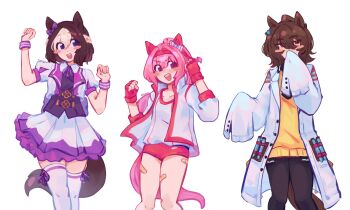 3girls absurdres agnes_tachyon_(tach-nology)_(umamusume) agnes_tachyon_(umamusume) ahoge animal_ears bandaid bandaid_on_leg black_necktie black_pantyhose blush blush_stickers bow braid brown_hair buruma chemical_structure coat collared_shirt commentary cork covering_own_mouth ear_bow ear_covers earrings english_commentary fingerless_gloves gloves hair_between_eyes half_up_braid haru_urara_(bestest_prize)_(umamusume) haru_urara_(umamusume) headband highres horse_ears horse_girl horse_tail jacket jewelry lab_coat long_hair long_sleeves looking_at_viewer multicolored_hair multiple_girls necktie open_clothes open_jacket open_mouth pantyhose pink_buruma pink_eyes pink_hair pink_headband ponytail purple_bow purple_eyes purple_ribbon purple_vest red_buruma red_eyes red_gloves red_headband ribbon shirt short_hair short_necktie short_sleeves simple_background single_earring skirt sleeves_past_fingers sleeves_past_wrists smile special_week_(special_dreamer)_(umamusume) special_week_(umamusume) sweater tail teeth test_tube thighhighs thiharess two-tone_hair umamusume upper_teeth_only vest white_background white_coat white_hair white_jacket white_shirt white_skirt white_thighhighs wolf_cut wristband yellow_sweater