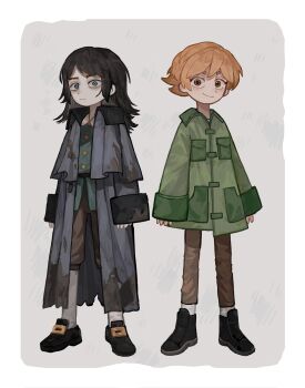 1boy 1girl abaddon_(haunted_hotel) black_hair blue_eyes brown_eyes coat dirty dirty_clothes esther_freeling green_coat grey_background grey_coat hashtag-only_commentary haunted_hotel highres long_hair orange_hair short_hair simple_background standing yuyu87877