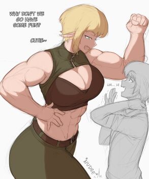1girl abs biceps blonde_hair blush breasts cleavage commentary elf english_commentary flustered green_eyes height height_difference highres kabedon large_breasts muscular muscular_female navel nervous obliques original pointy_ears short_male shy size_comparison size_difference tall_female thick_arms thick_thighs thighs zeph505