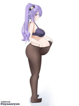 Rule 34 | 1girl, absurdres, black pantyhose, blue bra, bow, bra, breasts, calpico45, clothes pull, embarrassed, full body, genshin impact, hair bow, hair ornament, hand on own stomach, hand under clothes, highres, keqing (genshin impact), lace, lace-trimmed bra, lace trim, large breasts, long hair, looking at viewer, maternity pantyhose, pantyhose, pantyhose pull, pink eyes, pout, pregnant, purple hair, simple background, solo, standing, tears, twintails, underwear, watermark, white background