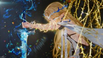 ai-assisted alens_(alens454635) bare_shoulders blonde_hair blue_eyes cartethyia_(wuthering_waves) chromatic_aberration crown_of_thorns glowing glowing_eye highres holding holding_sword holding_weapon injury jewelry outer_glow planted planted_sword planted_weapon pointy_ears ryona sideboob_cutout sword thorns weapon wuthering_waves