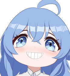 Rule 34 | 1girl, ahoge, blue eyes, blue hair, blush, chibi, eyebrows hidden by hair, full-face blush, hair between eyes, long hair, looking at viewer, luoqixi373925, mushoku tensei, open mouth, roxy migurdia, shirt, simple background, smile, solo, teeth, upper body, white background, white shirt