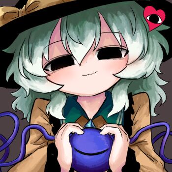 Rule 34 | 1girl, black eyes, black hat, bow, brown background, buttons, closed mouth, collared shirt, commentary request, contrast collar, diamond button, empty eyes, eyeball, frilled shirt collar, frilled sleeves, frills, green hair, hat, hat bow, heart, heripantomorrow, komeiji koishi, long sleeves, looking at viewer, shirt, simple background, smile, solo, third eye, touhou, wide sleeves, yellow bow, yellow shirt