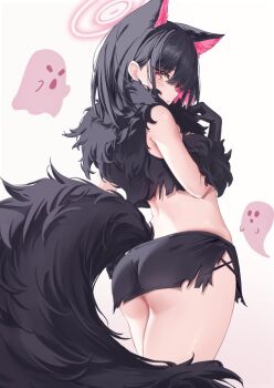 1girl animal_ears ass black_gloves black_hair black_skirt black_tail blue_archive blush cannian_dada cat_ears closed_mouth colored_inner_animal_ears colored_inner_hair commentary extra_ears from_side fur-trimmed_gloves fur_scarf fur_sleeves fur_trim ghost gloves halloween_costume halo hand_up highres kazusa_(blue_archive) kazusa_(halloween)_(blue_archive) looking_at_viewer looking_back microskirt multicolored_hair official_alternate_costume pink_hair pink_halo short_hair skirt solo tail torn_clothes torn_skirt two-tone_hair werewolf_costume