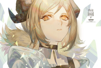 Rule 34 | 1girl, arknights, bingansuan jiamouren, black choker, blonde hair, character name, choker, demon horns, horns, ifrit (arknights), image sample, looking at viewer, low twintails, mihuashi sample, orange eyes, parted lips, platinum blonde hair, portrait, short twintails, slit pupils, solo, twintails