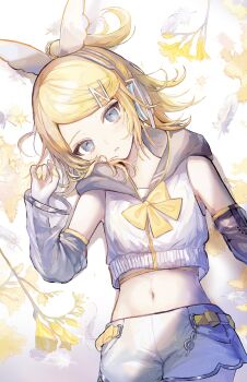 1girl absurdres blonde_hair blue_eyes bow bowtie commentary cowboy_shot crop_top detached_sleeves elbow_gloves feathers fingerless_gloves flower freesia_(flower) gloves grey_sleeves hair_bow hair_ornament hairclip hand_up head_tilt headphones highres hood hood_down hooded_jacket jacket kagamine_rin kagamine_rin_(nt) long_sleeves looking_at_viewer lying midriff nail_polish navel on_back parted_lips piapro_studio pipi_(pipinavigation) ponytail sailor_jacket see-through_clothes see-through_sleeves shirt short_hair short_ponytail short_shorts shorts sidelocks sleeveless sleeveless_jacket sleeveless_shirt solo swept_bangs treble_clef vocaloid white_bow white_feathers white_gloves white_shirt white_shorts wing-shaped_bow yellow_bow yellow_bowtie yellow_flower yellow_nails yellow_trim