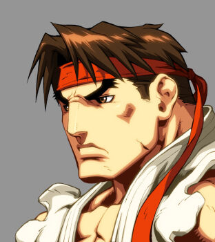 Rule 34 | brown eyes, brown hair, capcom, dougi, headband, muscular, official art, ryu (street fighter), ryuu (street fighter), short hair, simple background, street fighter, super street fighter ii turbo hd remix, udon entertainment