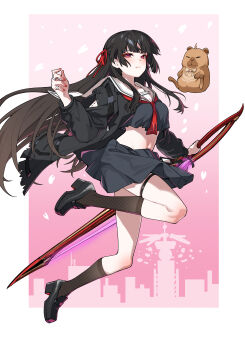 Rule 34 | 1girl, absurdres, arm cutout, black hair, black jacket, black serafuku, black shirt, black shoes, black skirt, black socks, border, breasts, chisa (wuthering waves), chubb, closed mouth, clothing cutout, commentary, hair ribbon, highres, holding, holding sword, holding weapon, jacket, loafers, long hair, long sleeves, looking at viewer, medium breasts, mole, mole under eye, namipon (wuthering waves), navel, neckerchief, pink background, red eyes, red neckerchief, red ribbon, ribbon, sailor collar, school uniform, serafuku, shirt, shoes, skirt, socks, stomach, sword, tacet mark (wuthering waves), thigh strap, weapon, white border, white sailor collar, wuthering waves