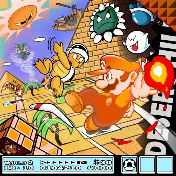 aircraft airship angry angry_sun blue_sky boo_(mario) boomerang boomerang_bro brick buzzy_beetle closed_mouth commentary_request dated day desert facial_hair fire fire_mario fire_snake_(mario) flying_sweatdrops ghost gloves green_hat green_shirt hat highres luigi mario mario_(series) morton_koopa_jr. motion_lines mustache nintendo official_style one_eye_closed open_mouth overalls pile_driver_micro-goomba pyramid_(structure) raccoon_luigi sharp_teeth shirt shoes sky spinning sun super_mario_bros._3 teeth thwomp tree twitter_username white_gloves wissu_type