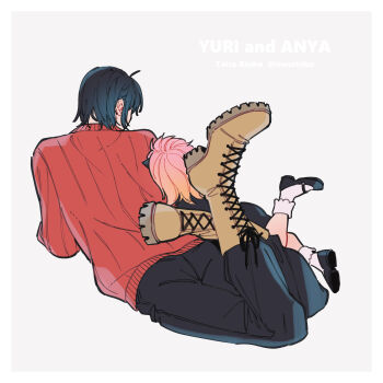 Rule 34 | 1boy, 1girl, anya (spy x family), ass, awarinko, black dress, black hair, black pants, black shoes, bobby socks, boots, brown boots, brown hair, character name, dress, from behind, gradient hair, grey background, highres, lace-up boots, legs up, lying, multicolored hair, on stomach, pants, pink hair, red sweater, ribbed sweater, shoe soles, shoes, simple background, socks, spy x family, sweater, twitter username, white socks, yuri briar