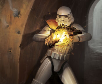 1boy armor explosion gun highres holding holding_gun holding_weapon javier_charro smoke solo star_wars stormtrooper weapon white_armor